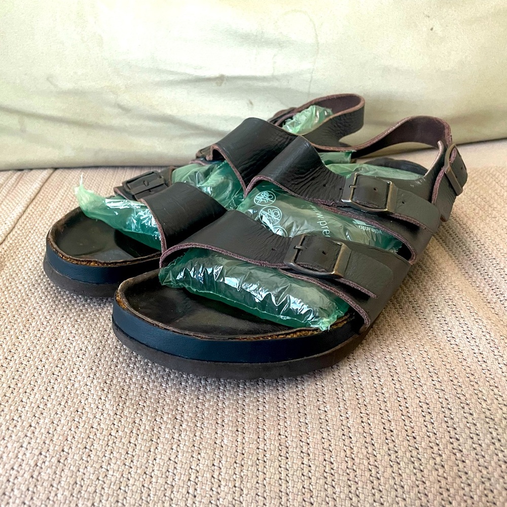 Birkenstock Milano Oiled Leather Two-Strap Brown Buckle Sandal, Sz 41